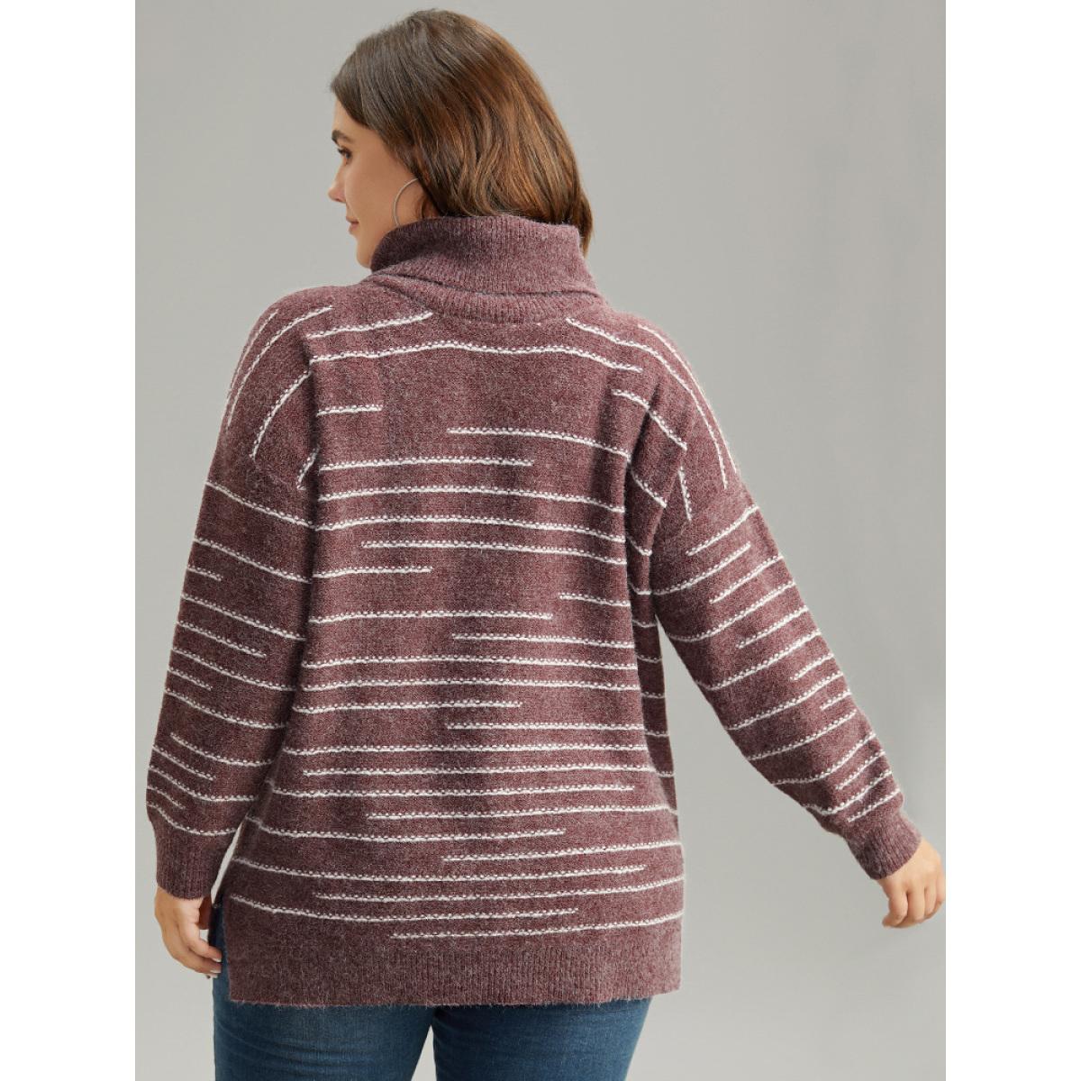 Plus Size Striped Heather Turtleneck Split Hem Pullover Burgundy Women Casual Loose Long Sleeve Turtleneck Everyday Pullovers BloomChic 12/L Product Image