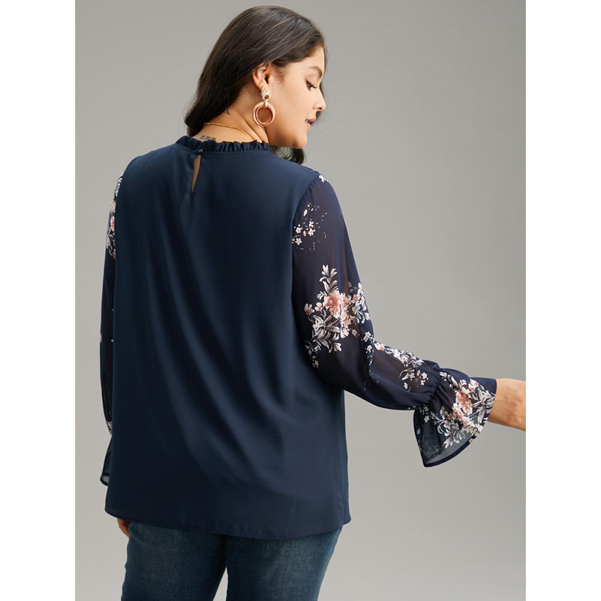 Plus Size Indigo Twill Floral Patchwork Shirred Mesh Frill Trim Blouse Women Elegant Long Sleeve Stand-up collar Dailywear Blouses BloomChic 22-24/3X Product Image