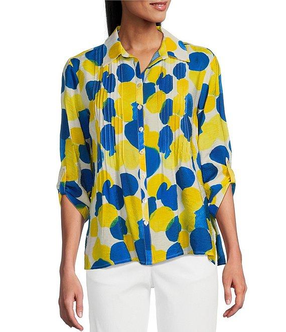Multiples Petite Size Crinkle Woven Printed Point Collar 3/4 Cinched Tab Cuff Button Front Shirt Product Image