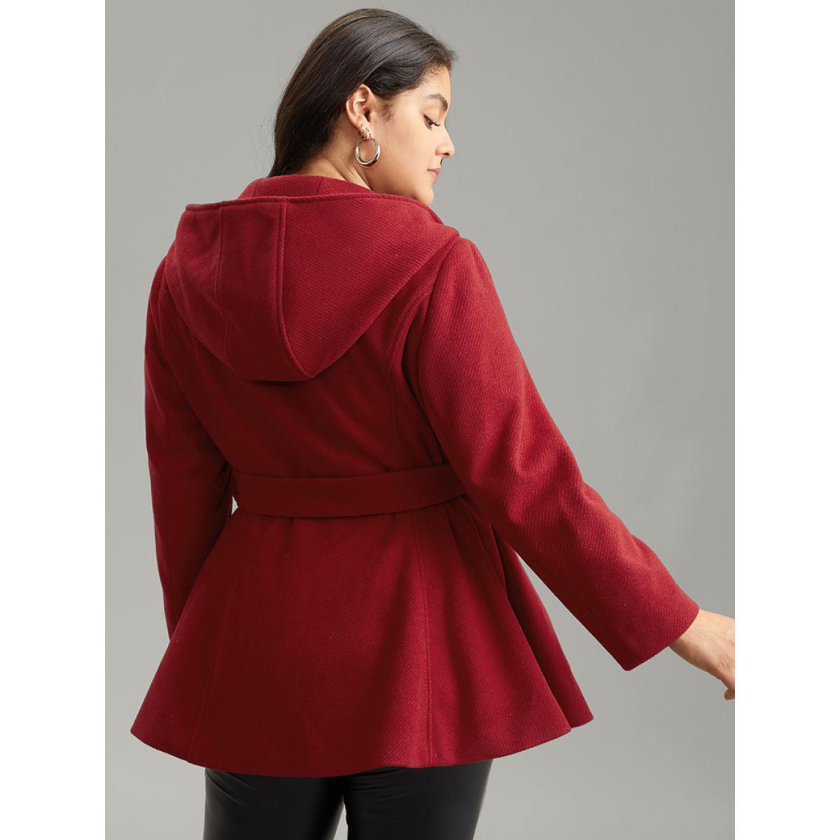Plus Size Solid Hooded Belted Buckle Detail Coat Women Scarlet Elegant Lined Ladies Dailywear Winter Coats BloomChic 14-16/1X Product Image