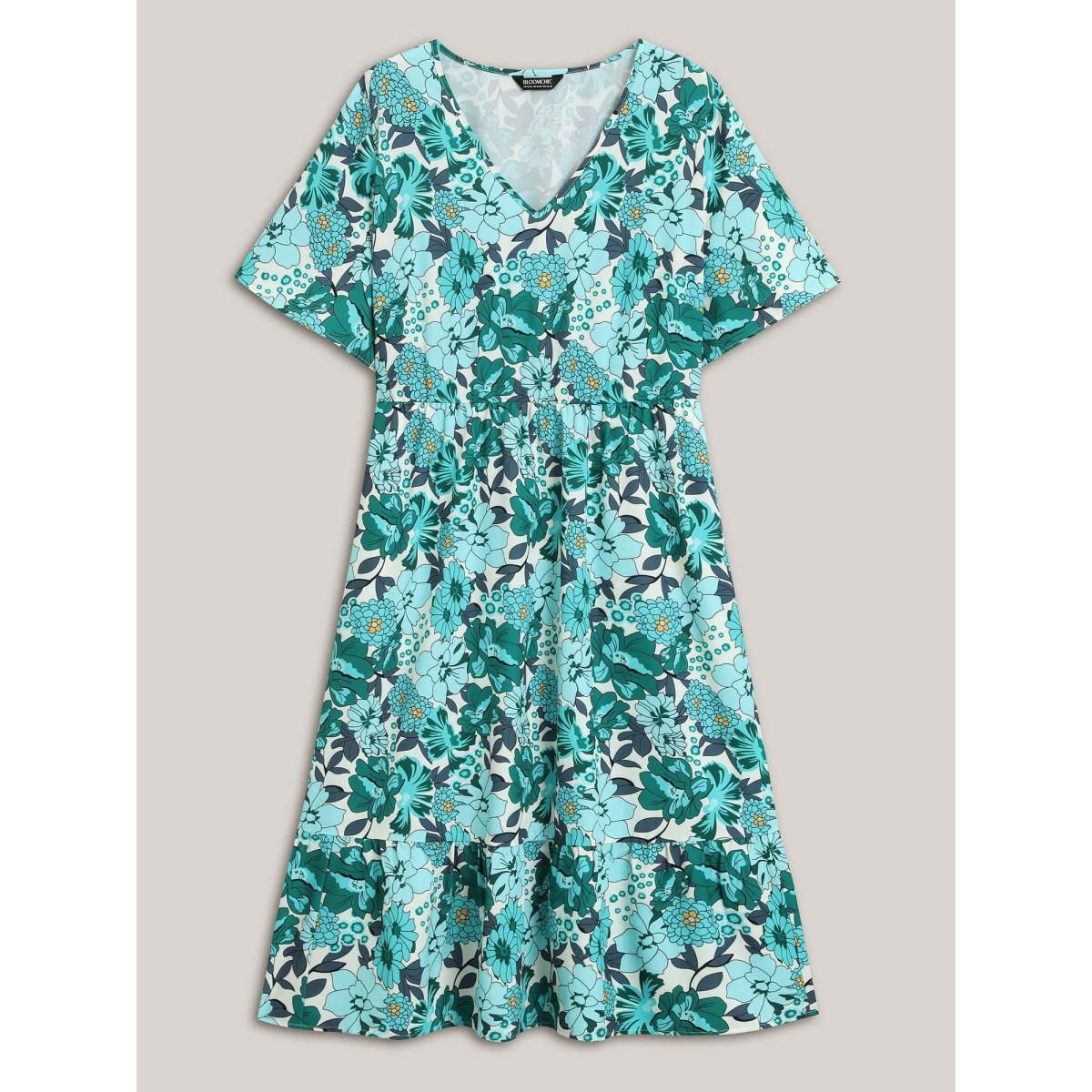 Plus Size Floral Print V-Neck Pockets Midi Dress Arctic Women Elegant Non V-neck Short sleeve Curvy BloomChic 28/5X Product Image