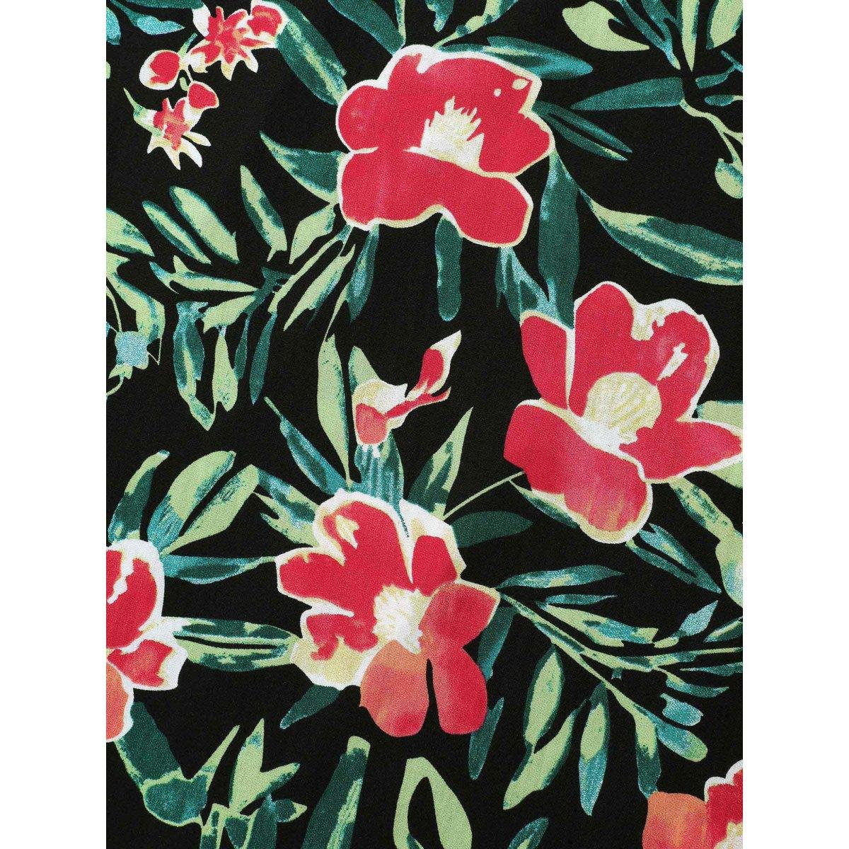 Plus Size Rayon Tropical Floral Print Shirred Wide-Leg Pants Women BlackFlower Resort Wide Leg Mid Rise Vacation Pants BloomChic 18-20/2X Product Image