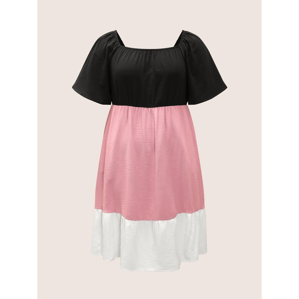 Plus Size Colorblock Contrast Patchwork Gathered Raglan Sleeve Dress Black Women Casual Non Square Neck Short sleeve Curvy Midi Dress BloomChic 10/M Product Image