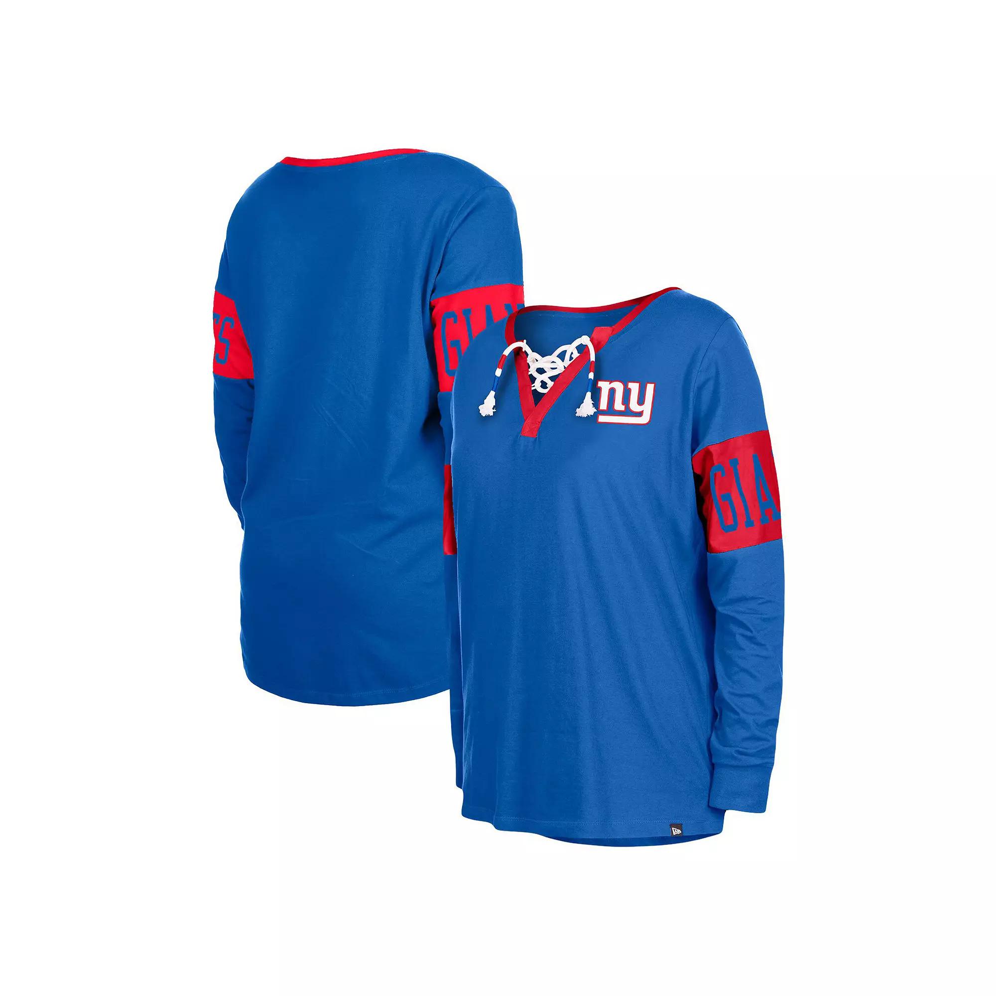 Women's New Era Royal New York Giants Lace-Up Notch Neck Long Sleeve T-Shirt,  Product Image
