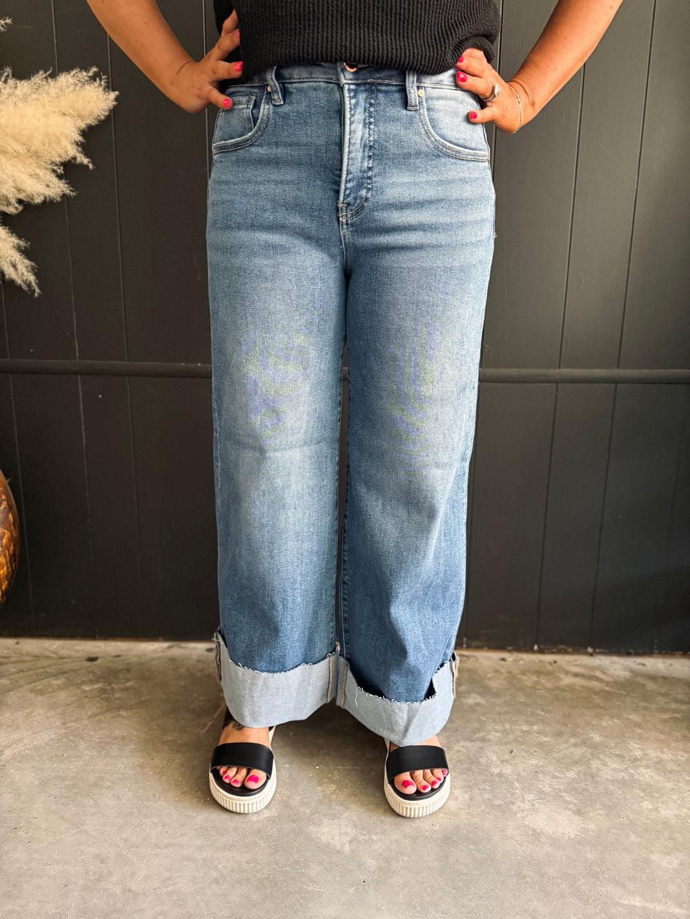 Risen High Rise Wide Leg Cuffed Jeans Product Image