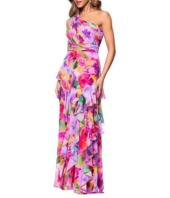 Xscape Chiffon Floral Print One Shoulder Neck Sleeveless Ruffle A-Line Gown Product Image