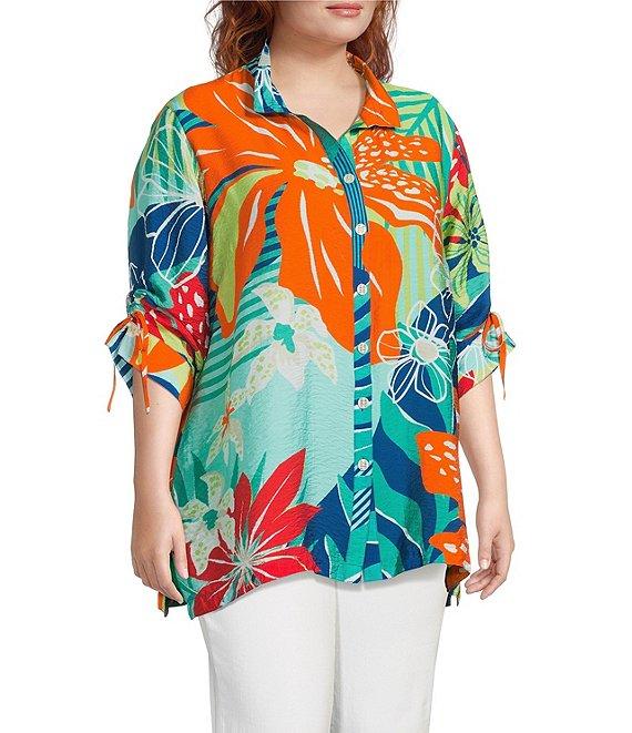John Mark Plus Size Printed Wire Collar 3/4 Cinch Tie Sleeve Button Front Tunic Product Image