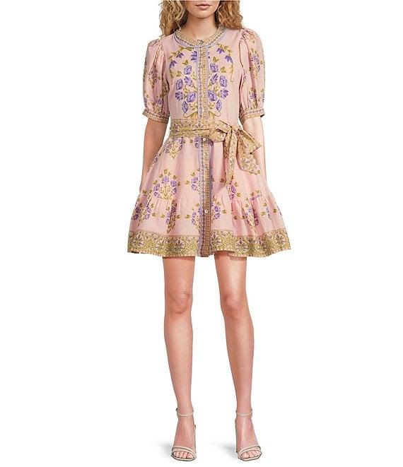 A Loves A Floral Woven Linen Round Neck Short Bubble Sleeve Button Front Tie at Waist A-Line Flounce Mini Dress Product Image