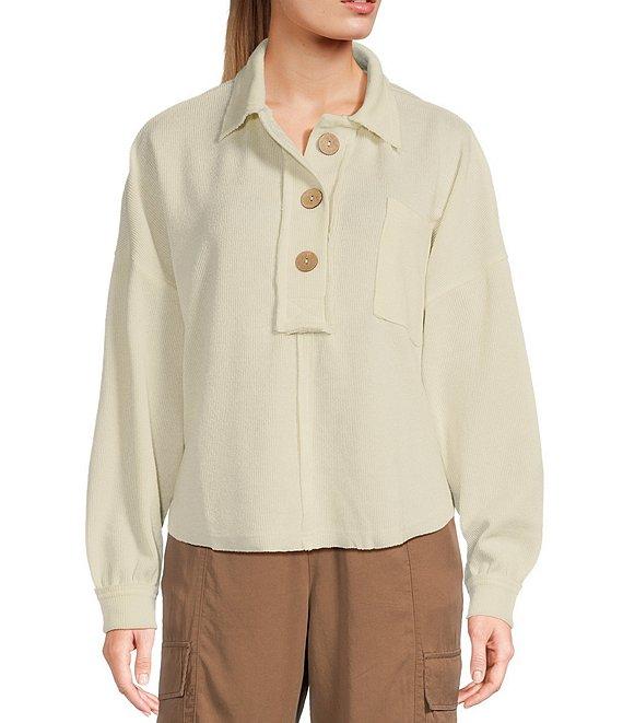 Blu Pepper Long Sleeve Collared Raw Edge Knit Top Product Image