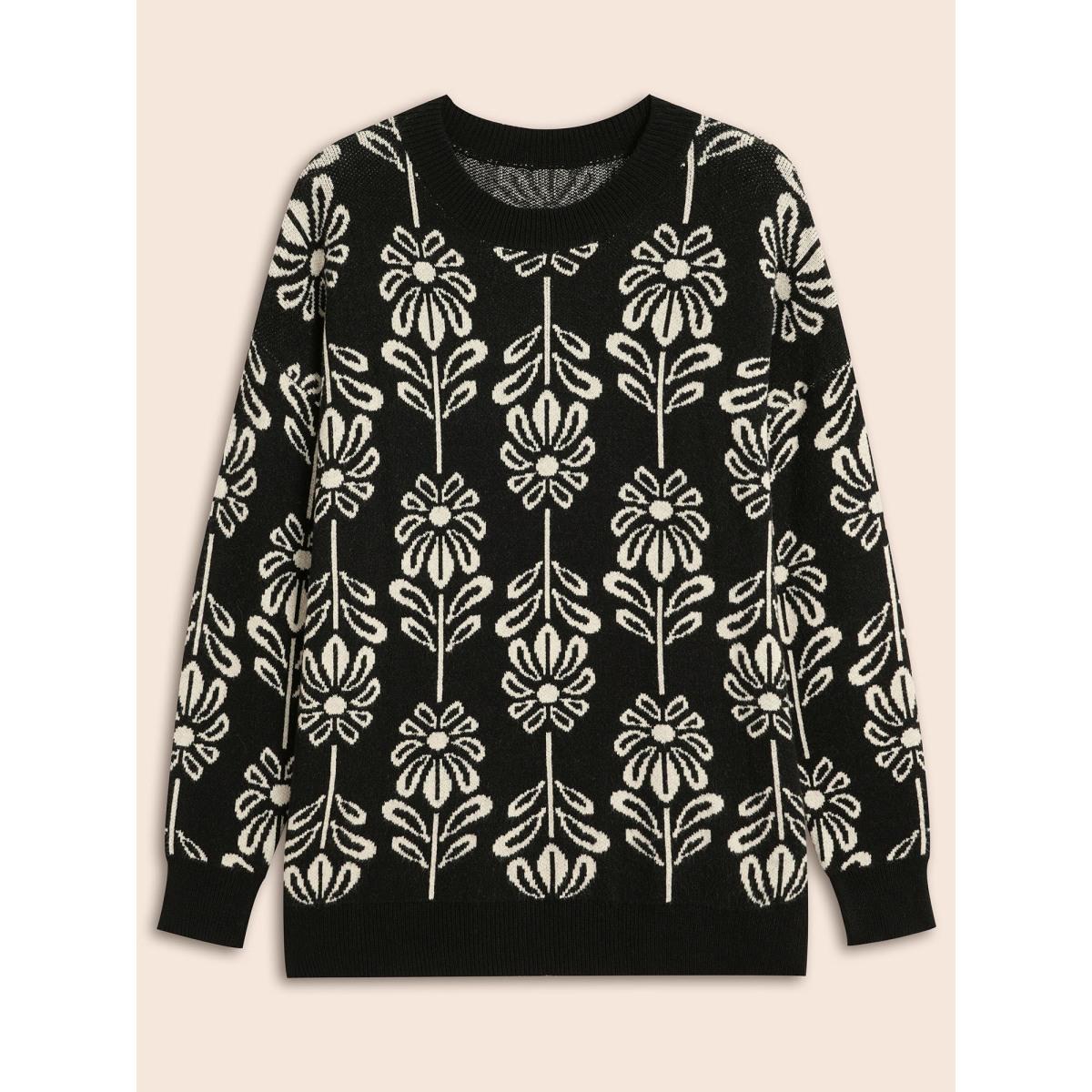 Plus Size Supersoft Essentials Floral Crew Neck Pullover Black Women Casual Long Sleeve Round Neck Everyday Pullovers BloomChic 14-16/1X Product Image