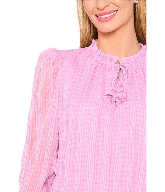 CeCe Woven Round Neck Smocked Cuff Ruffle Trim Blouse Product Image