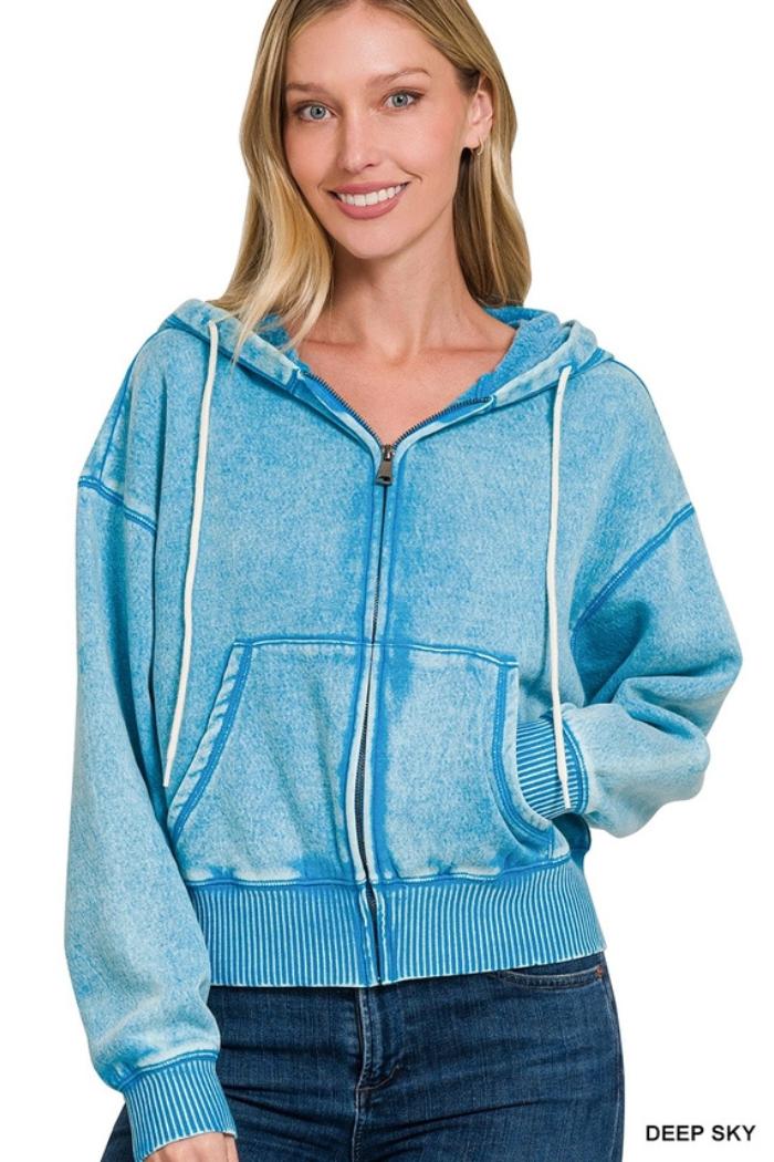 Acid wash fleece cropped zip-up hoodie w pockets Product Image