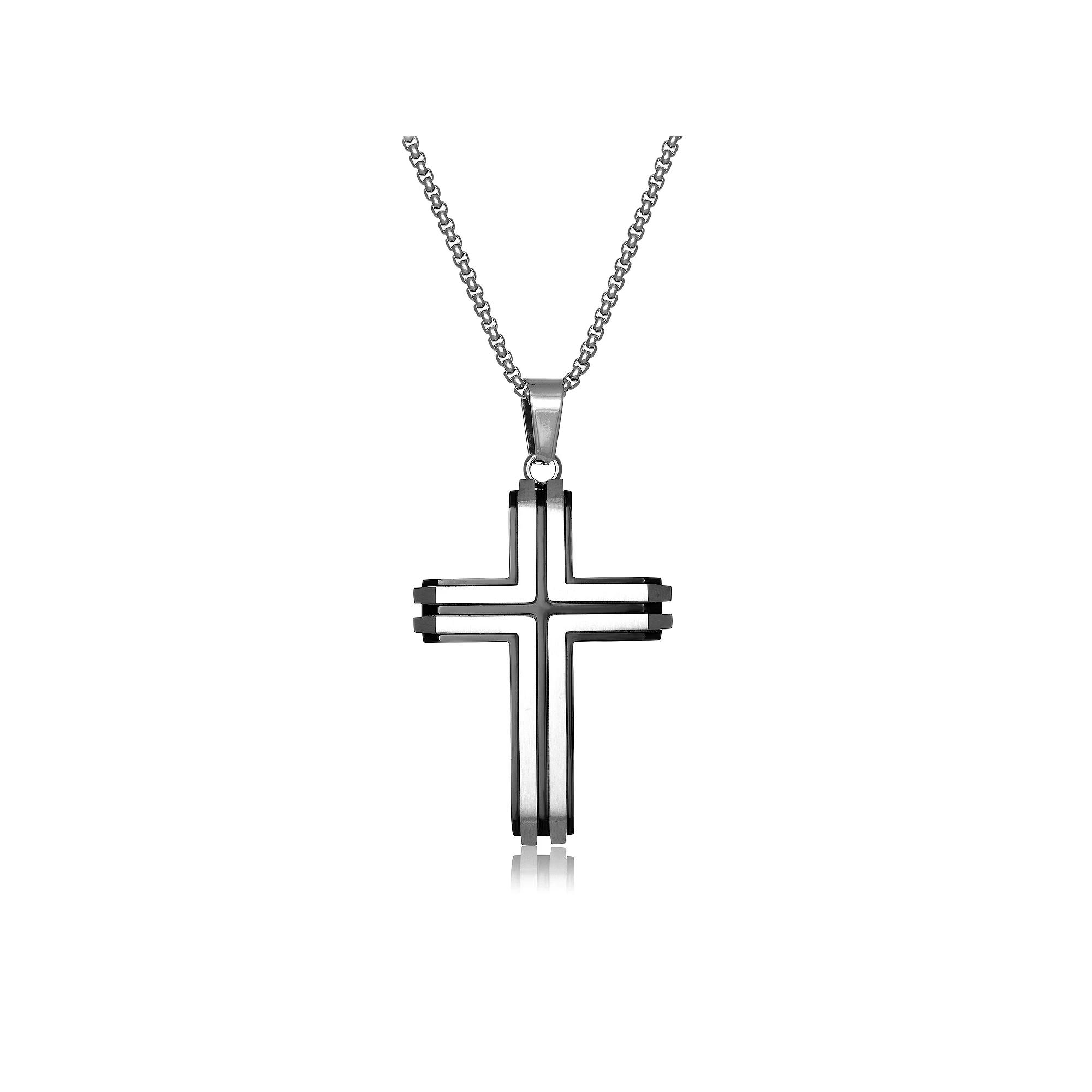 Men's LYNX Black Ion-Plated Stainless Steel Cross Pendant, Size: 24", Two Tone Product Image