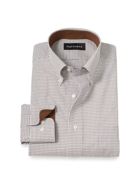 Non-Iron Cotton Check Dress Shirt With Contrast Trim - Brown/white Product Image