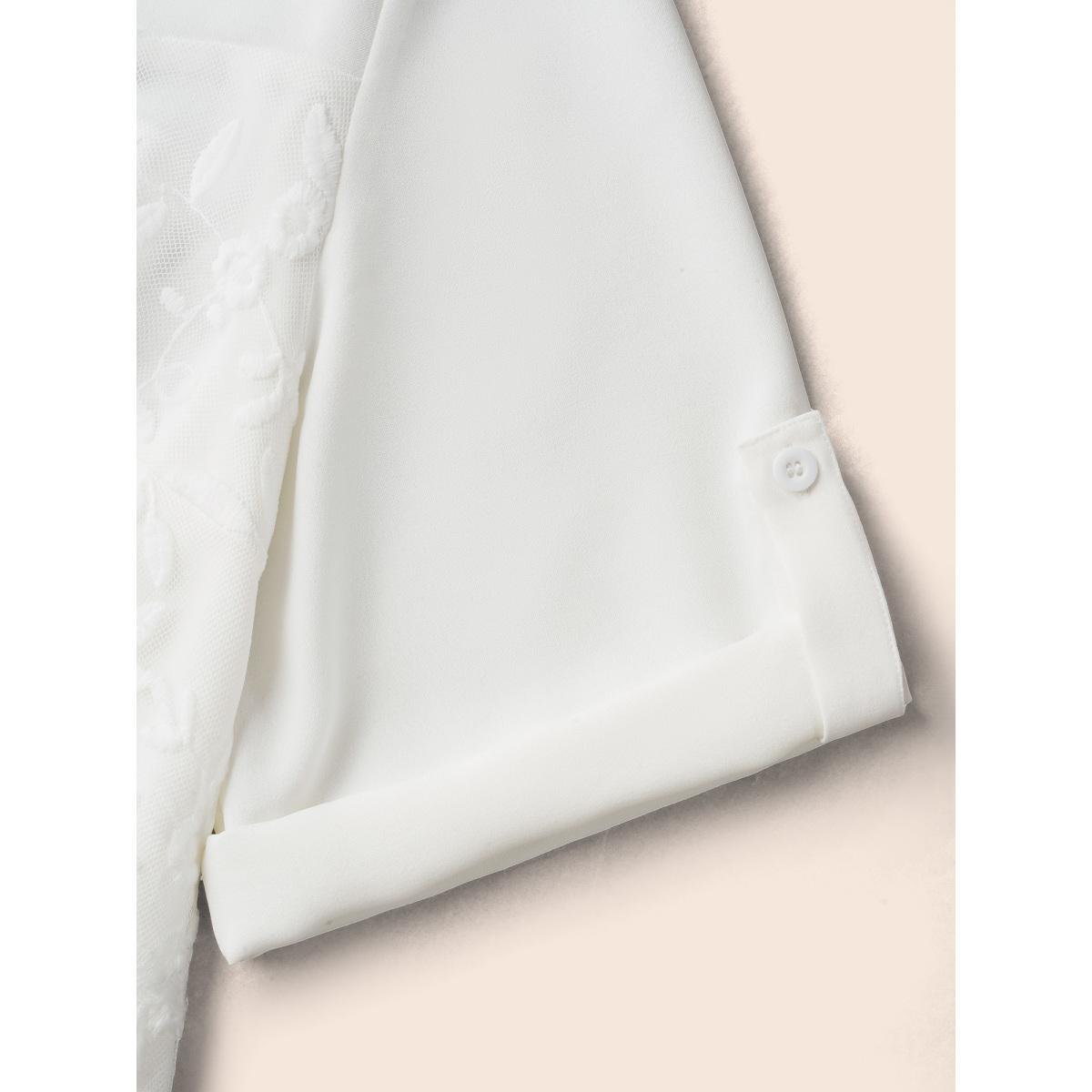 Plus Size WhiteSmoke Lace Patchwork Gathered Tab Sleeve Shirt Women Casual Elbow-length sleeve Notched collar Everyday Blouses BloomChic 30/6X Product Image