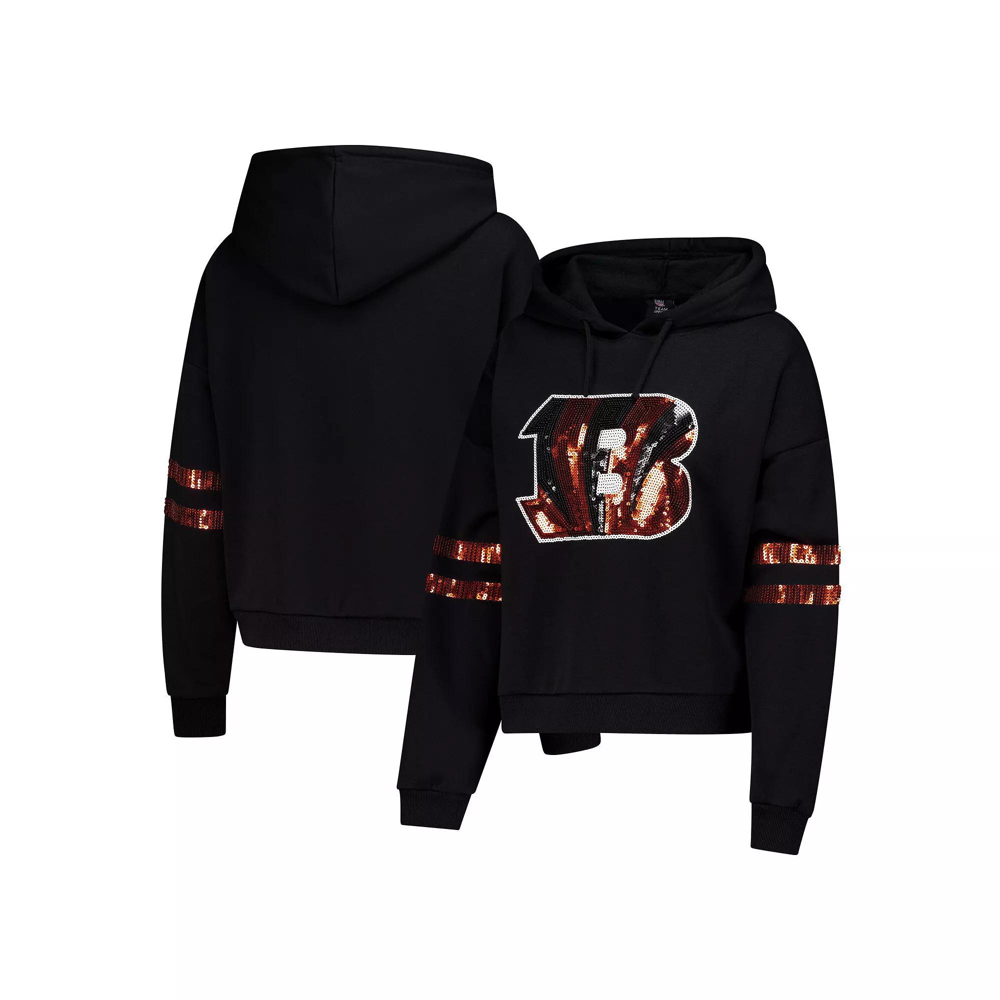 Women's Cuce Black Cincinnati Bengals Cropped Sequins Pullover Hoodie,  Product Image