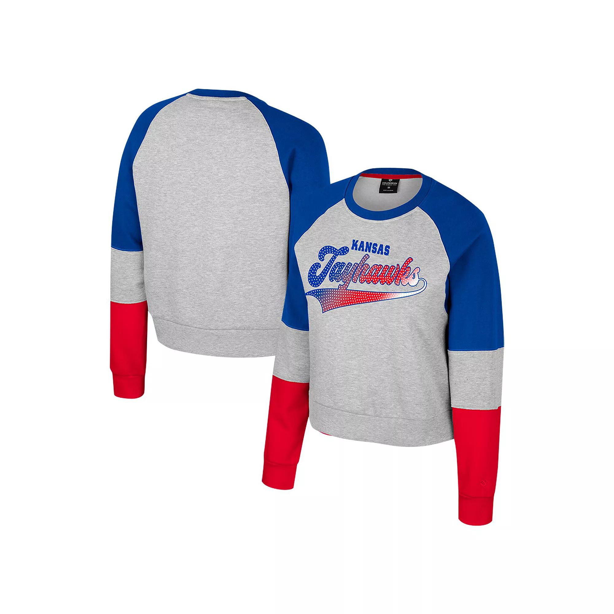 Women's Colosseum Heather Gray Kansas Jayhawks Katinka Rhinestone Scoop Neck Pullover Sweatshirt, Size: Medium, Grey Product Image