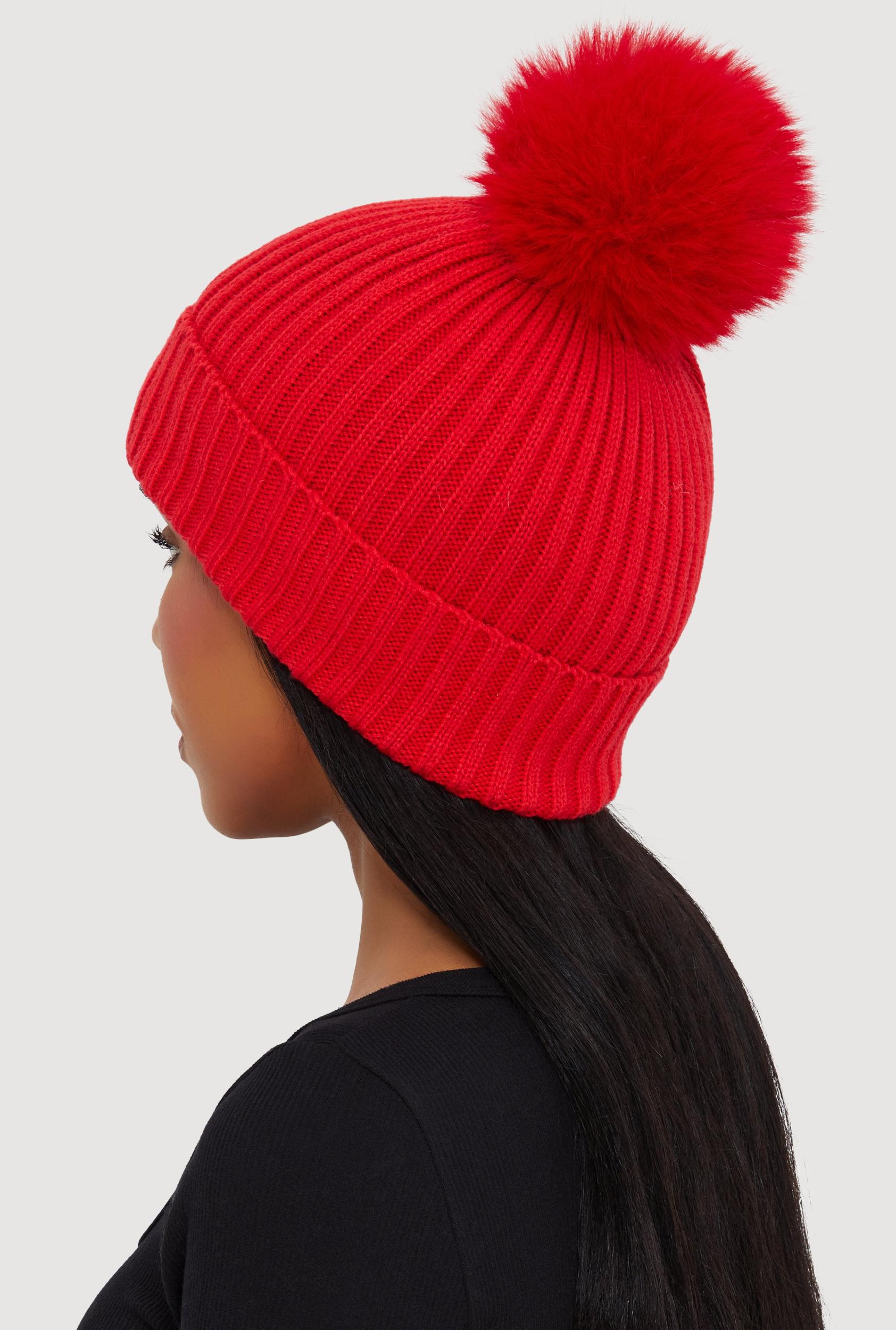 Trendy Faux Fur Pom Pom Detail Ribbed Knit Beanie Female Product Image