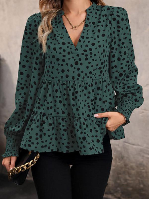 Long Sleeves Loose Elasticity Polka-Dot Split-Joint V-Neck Blouses&Shirts Tops Product Image