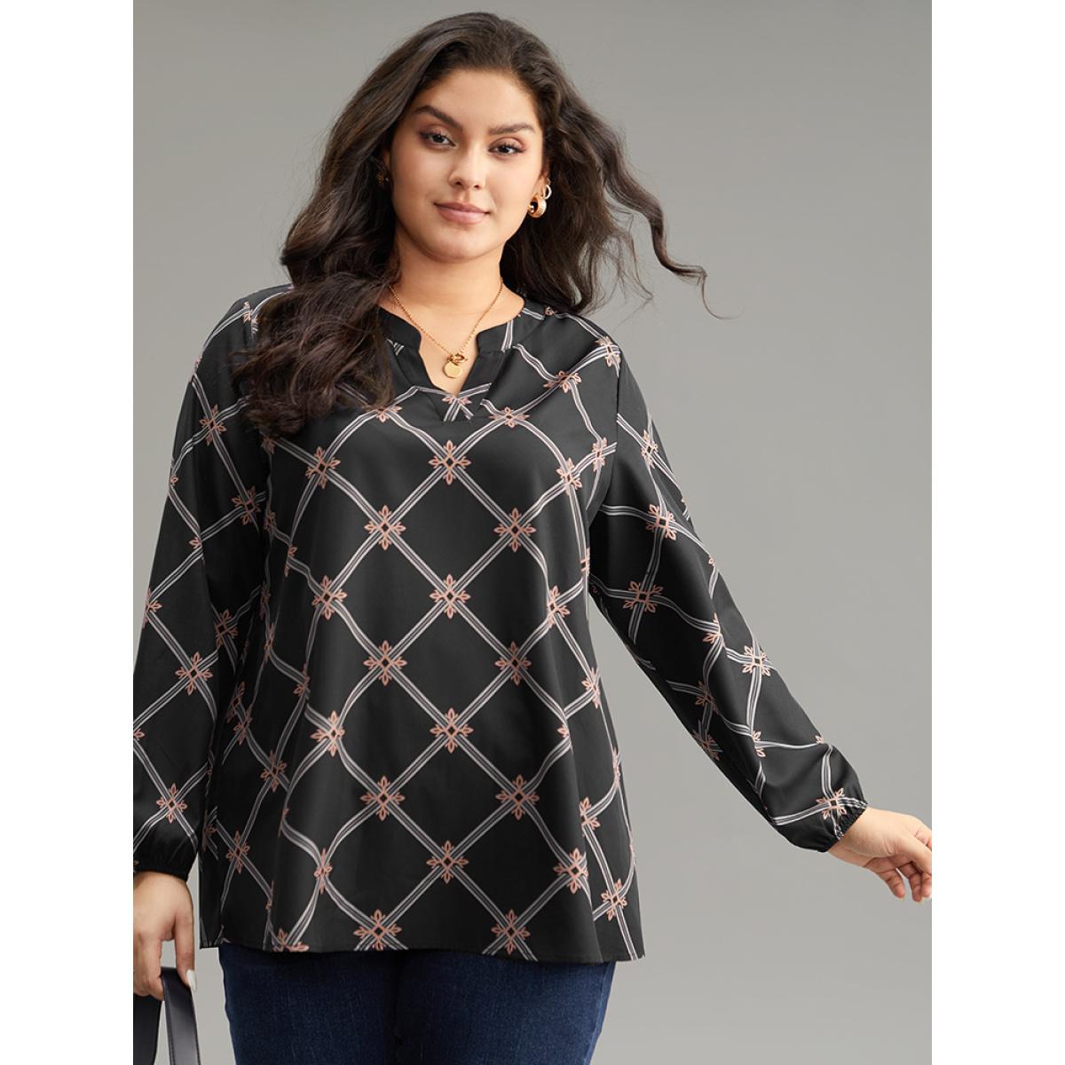 Plus Size BlackFlower Plaid Notched Elastic Cuffs Blouse Women Office Long Sleeve Notched collar Office Blouses BloomChic 18-20/2X Product Image