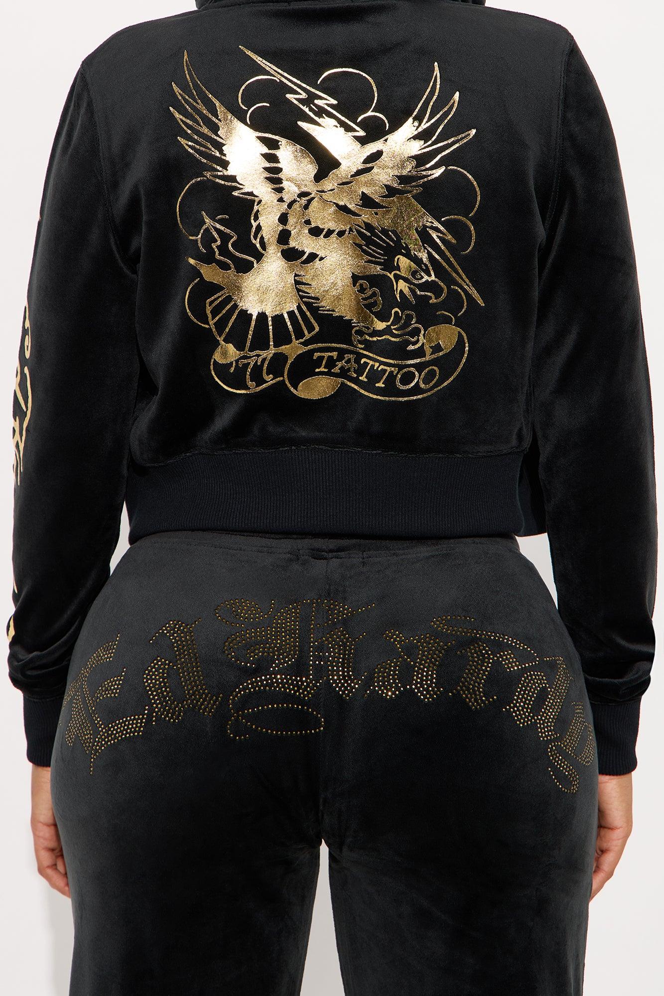 Ed Hardy Tattoo Gold Eagle Velour Pant Set - Black Female Product Image
