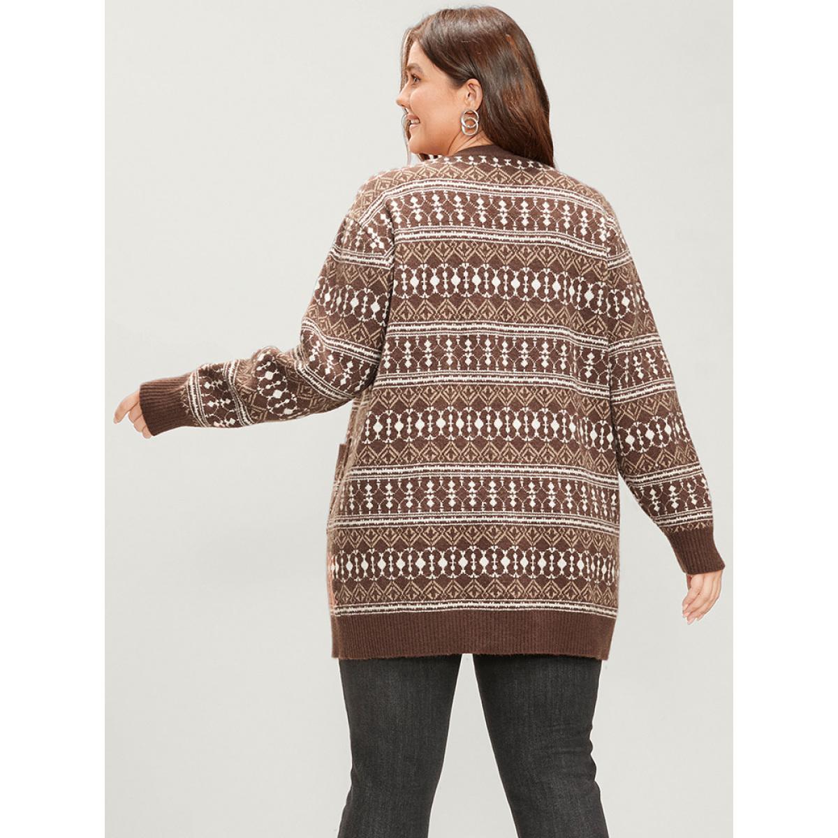 Plus Size Bandana Contrast Super Soft Knit Pocket Open Front Cardigan Tan Women Casual Loose Long Sleeve Dailywear Cardigans BloomChic 28/5X Product Image