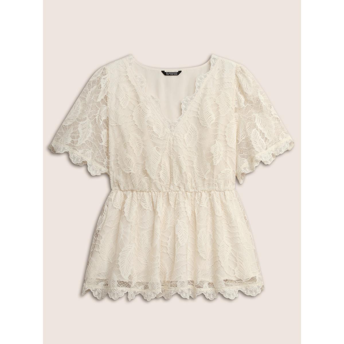 Plus Size Apricot Lace Panel Mesh Patchwork Elastic Waist Blouse Women Elegant Short sleeve V-neck Everyday Blouses BloomChic 22-24/3X Product Image