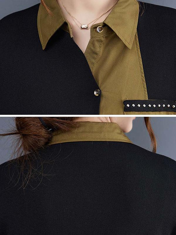 Artistic Retro Loose Split-Joint With Pocket Buttoned Lapel Collar Long Sleeves False Two Blouse Product Image