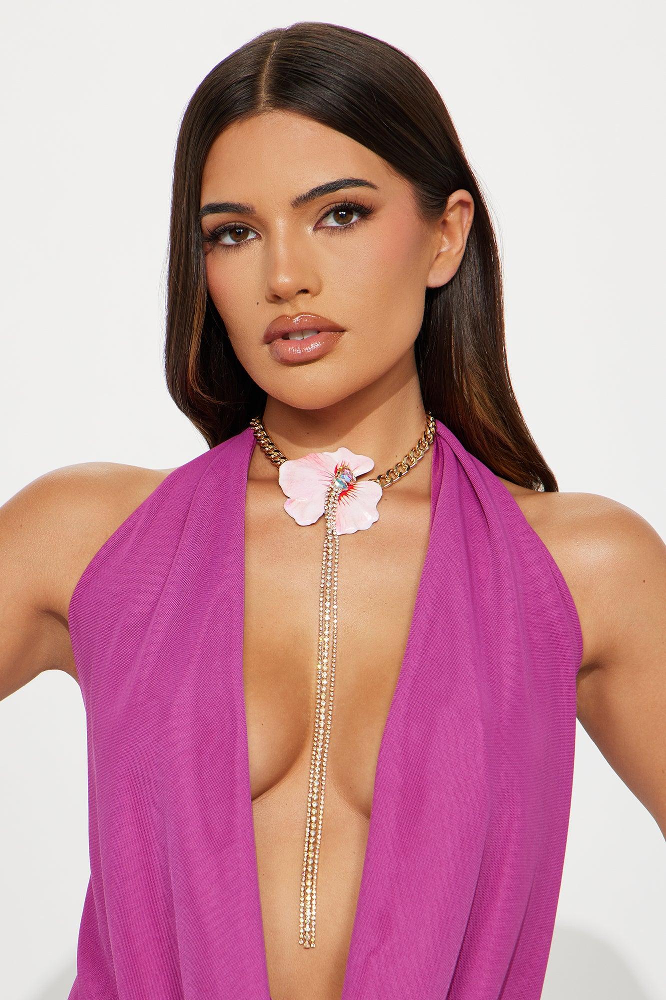 3D Floral Rhinestones Lariat Necklace  - Pink/combo Product Image