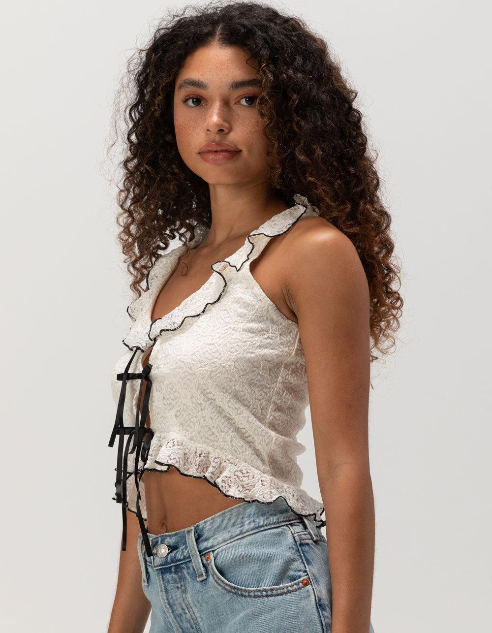 WEST OF MELROSE Lace Ruffle Womens Top - CREAM Product Image