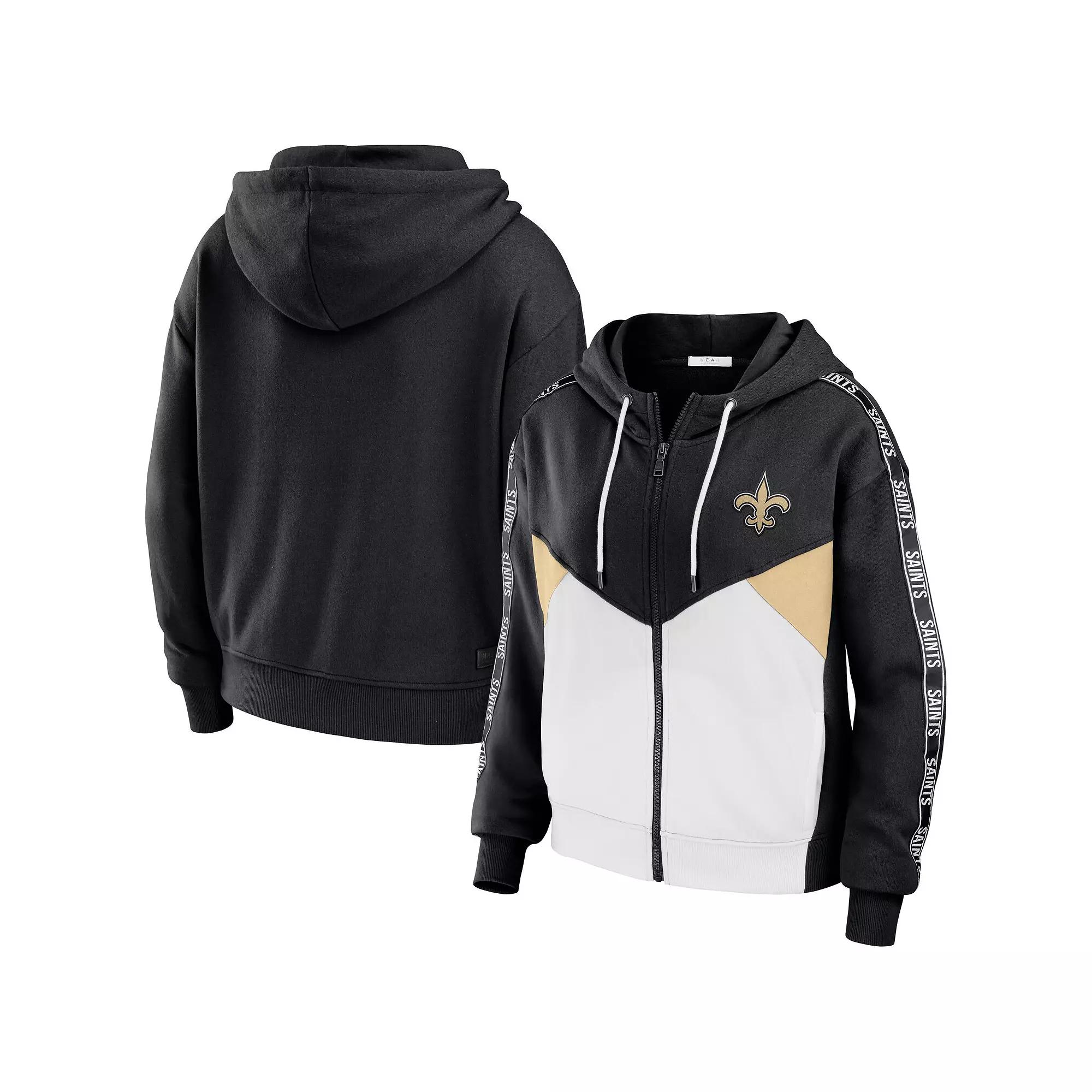 Women's WEAR by Erin Andrews Black/White New Orleans Saints Color Block Light Weight Modest Crop Full-Zip Hoodie,  Product Image