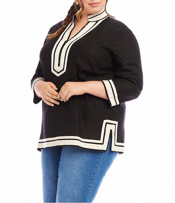Karen Kane Plus Size The St. Tropez Mandarin Split V-Neck 3/4 Sleeve Contrast Trim Tunic Product Image