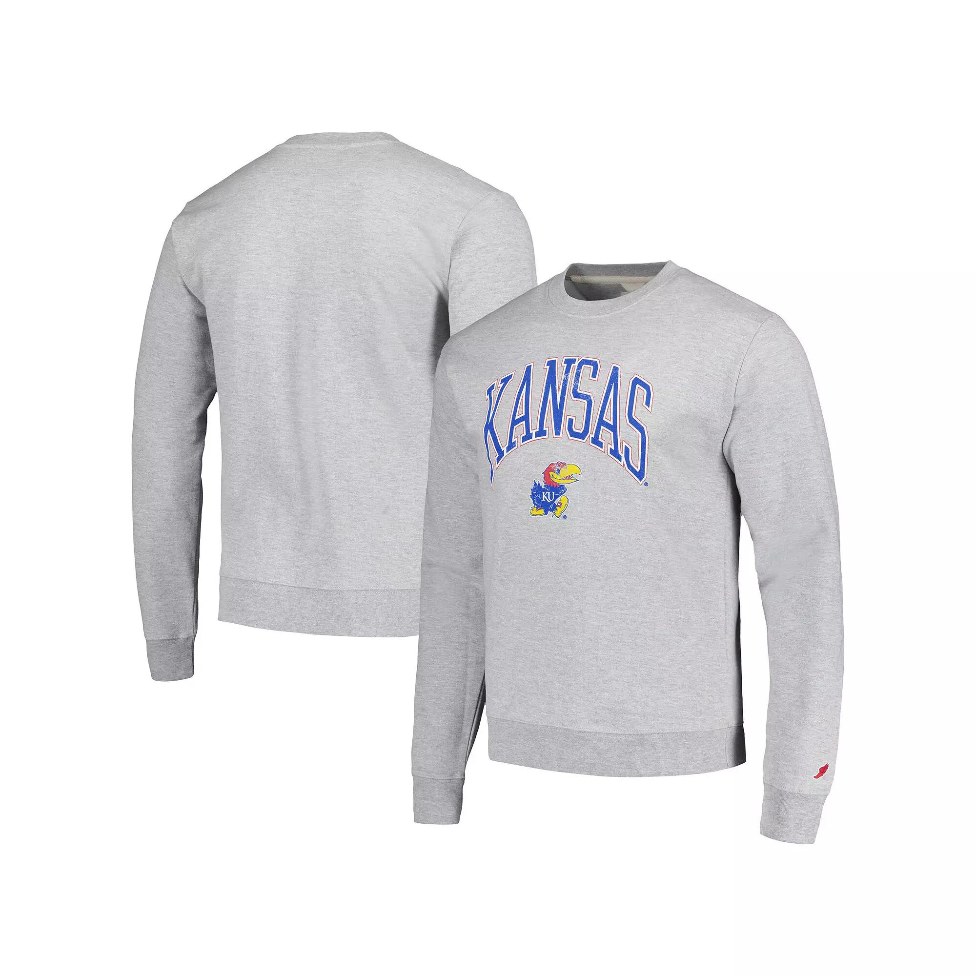 Men's League Collegiate Wear Heather Gray Kansas Jayhawks Tall Arch Essential Pullover Sweatshirt,  Product Image