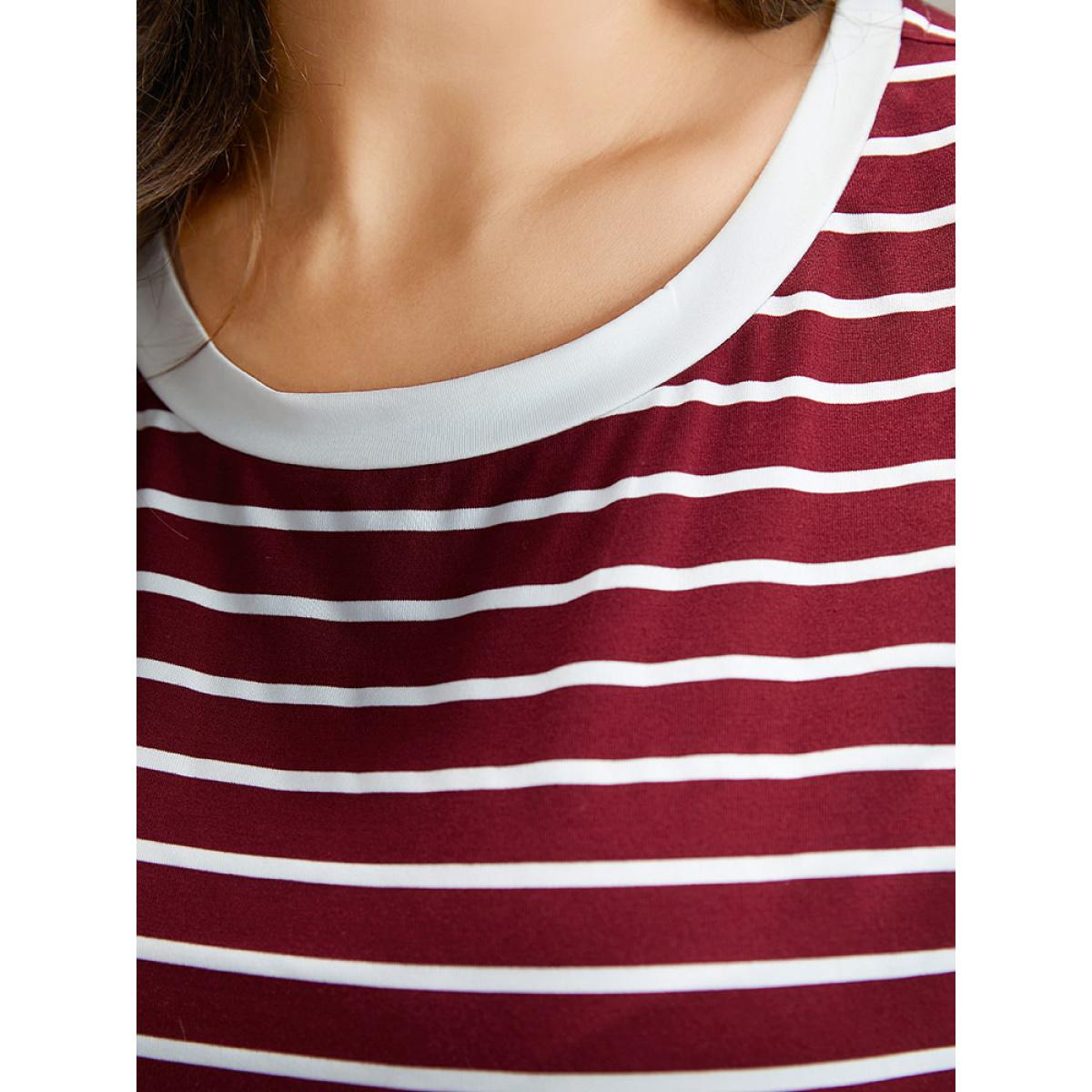 Plus Size Striped Drawstring Batwing Sleeve T-shirt Burgundy Women Casual Contrast Striped Round Neck Dailywear T-shirts BloomChic 10/M Product Image