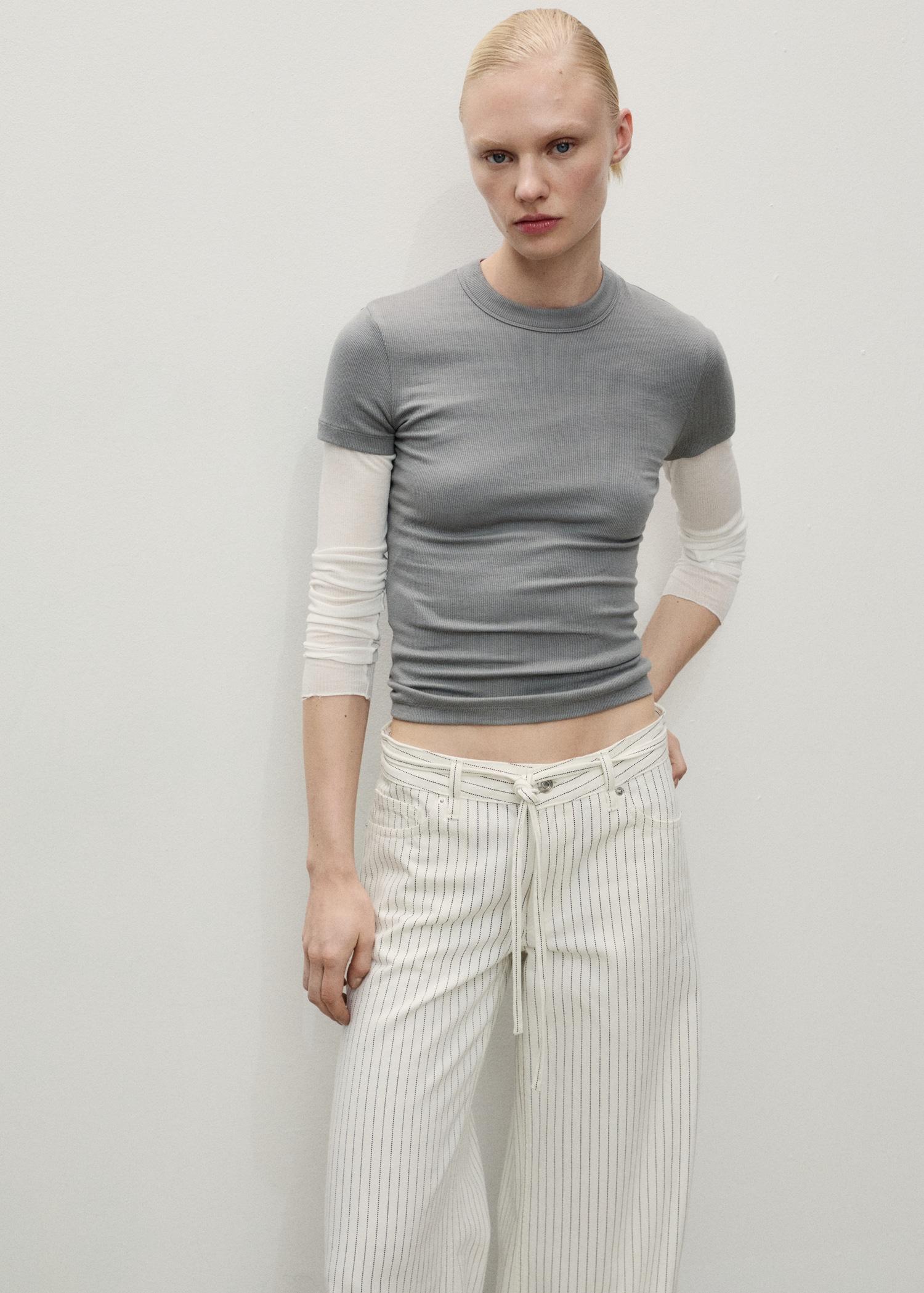 Wide-leg jeans with stripes and belt - Women | MANGO USA Product Image