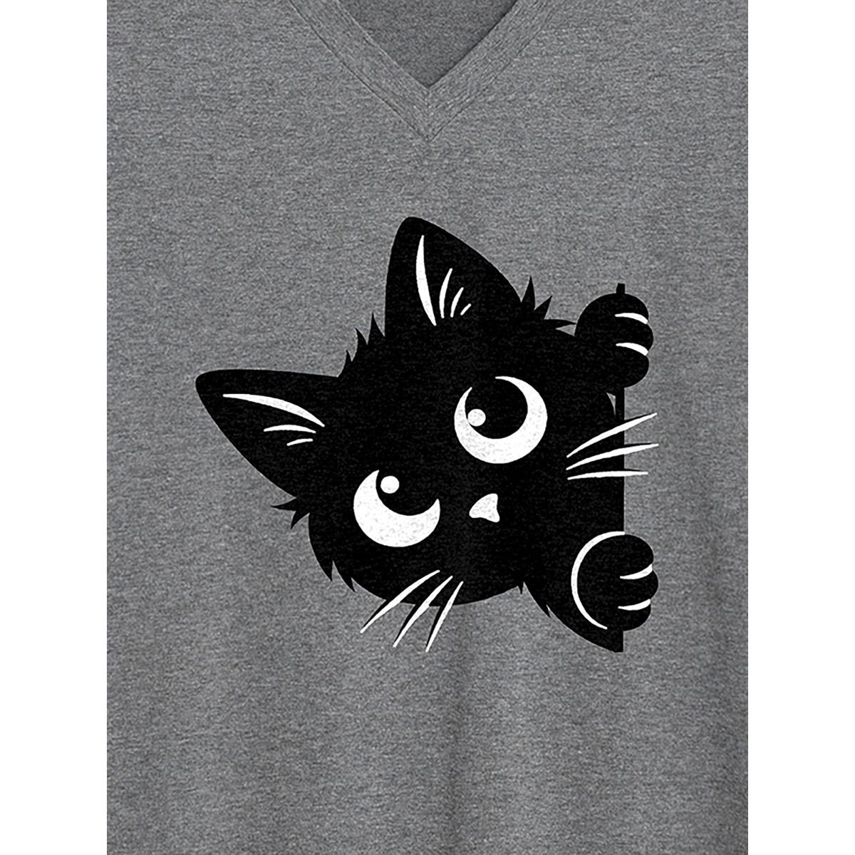 Plus Size Hey Cat V-Neck Solid T-Shirt DarkGray Women Non Animals V-neck Everyday-Casual T-shirts BloomChic 28/5X Product Image