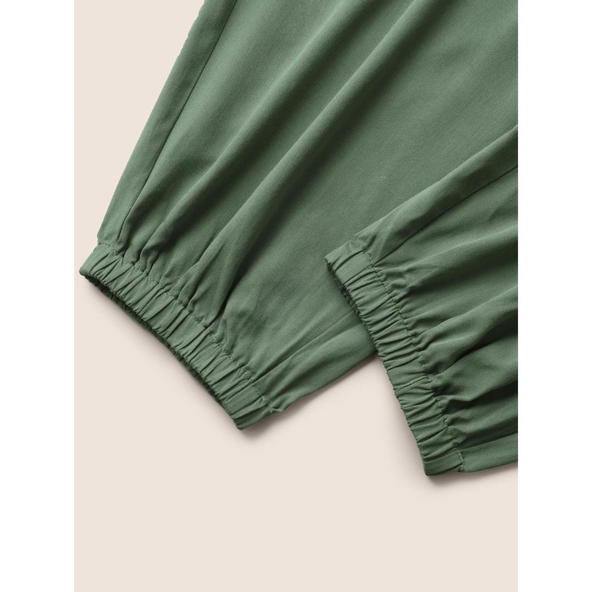 Plus Size Mid Rise Shirred Tapered Leg Pants Women ArmyGreen Resort Mid Rise Vacation Pants BloomChic 12/L Product Image