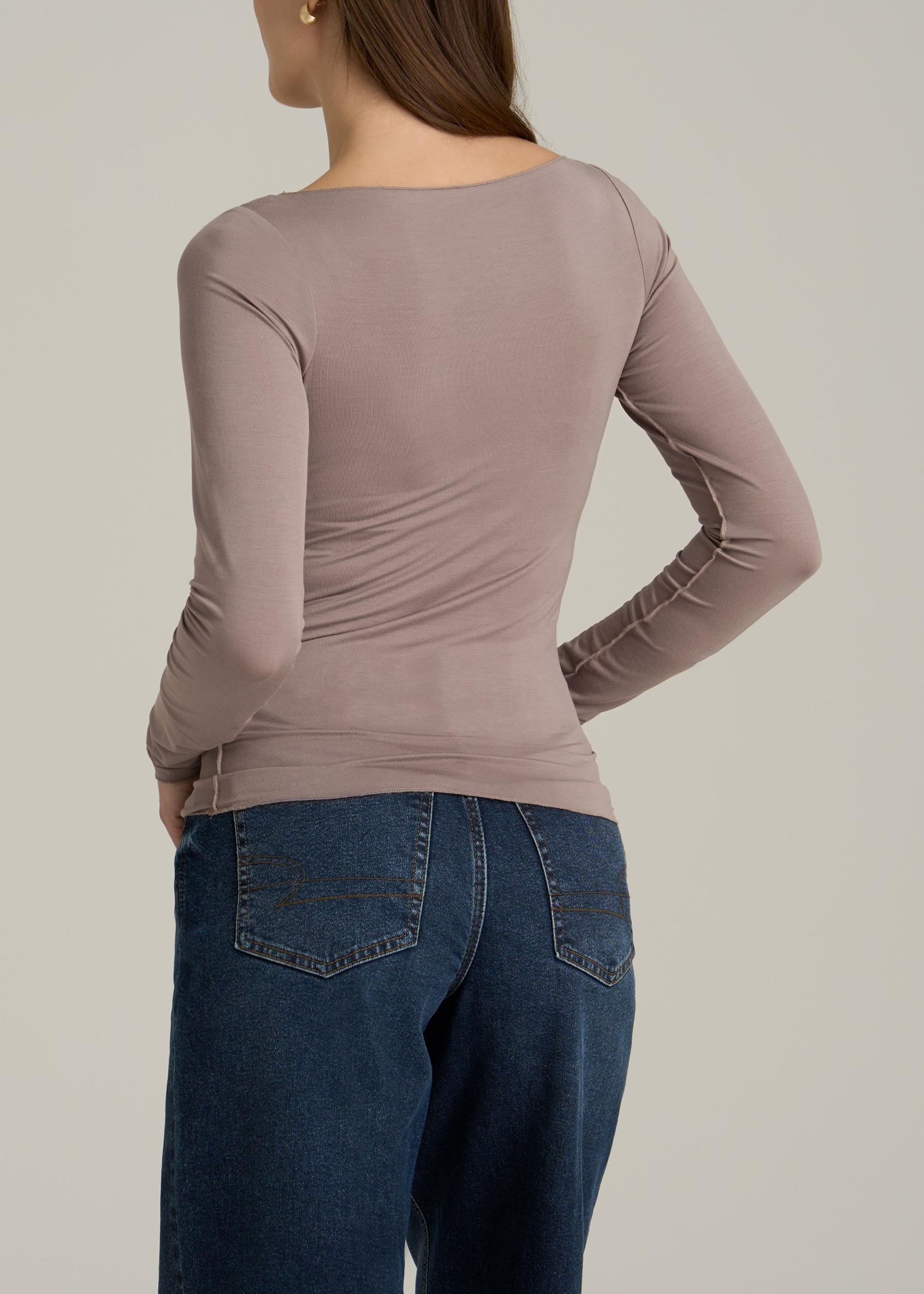 Boatneck Long Sleeve Exposed Seam Top for Tall Women in Dark Sand Female Product Image