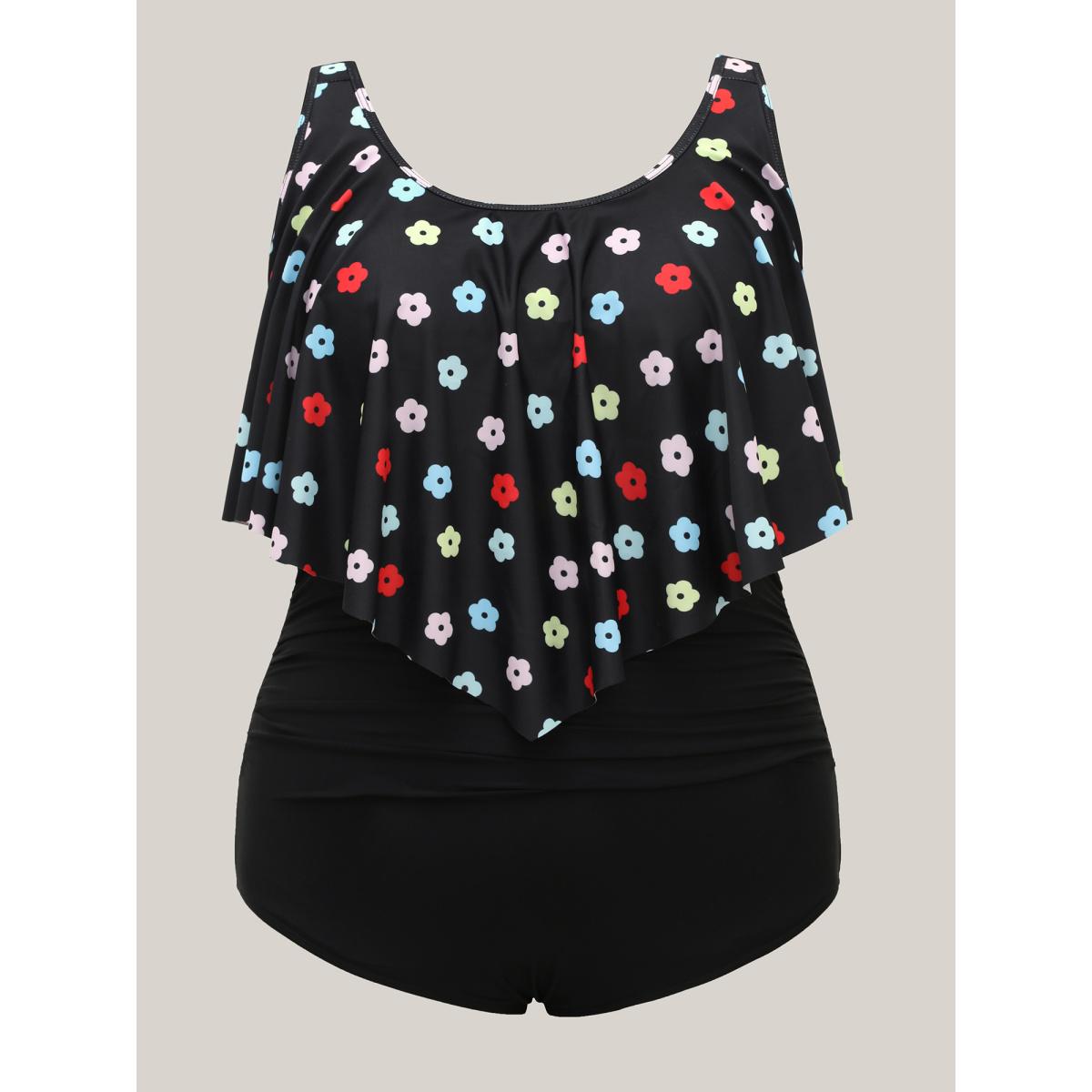 Plus Size Colorful Floral Layered One-Piece Swimsuit Women's Swimwear Black Beach Contrast Curve Bathing Suits High stretch One Pieces BloomChic 18-20/2X Product Image