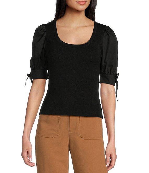 I.N. San Francisco Scoop Neck Tie Side Short Puff Sleeve Sweater Top Product Image