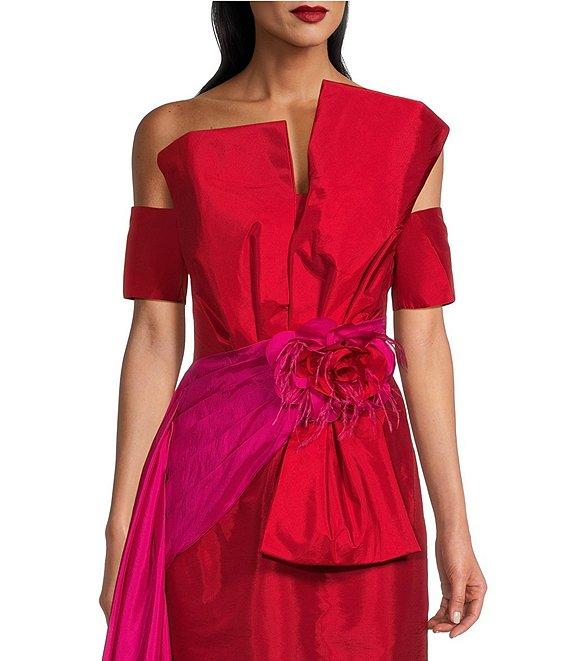 Terani Couture Mikado Asymmetrical One Shoulder Short Sleeve Bow Sash Gown Product Image