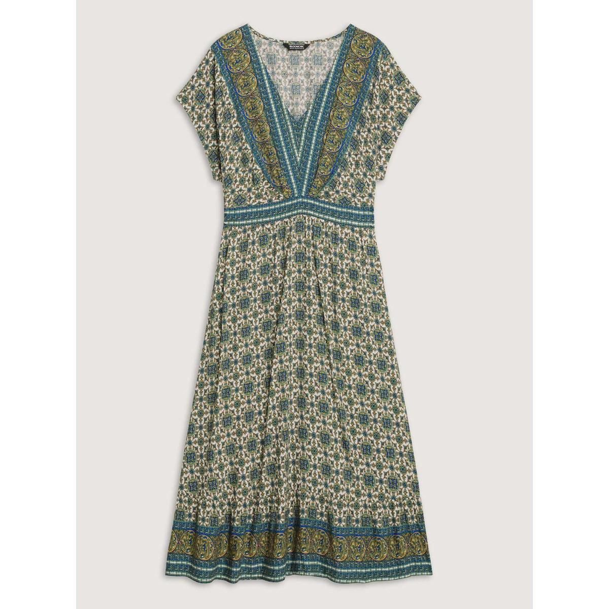 Plus Size Rayon Floral Boho Print Pockets Midi Dress Multicolor Women Boho Shirred V-neck Short sleeve Curvy BloomChic 10/M Product Image