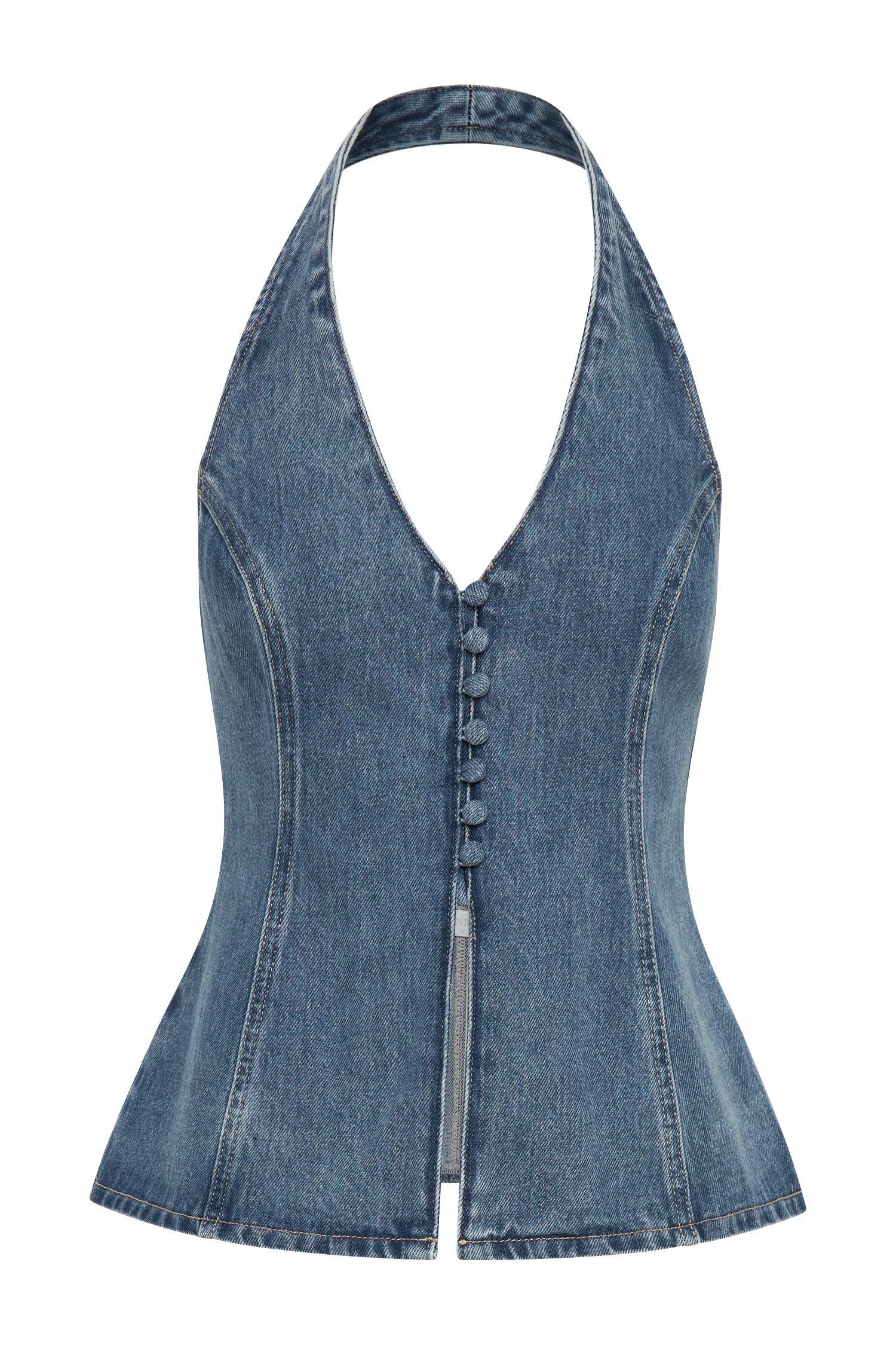 India Button Front Halter Denim Longline Top - Washed Mid Blue Product Image