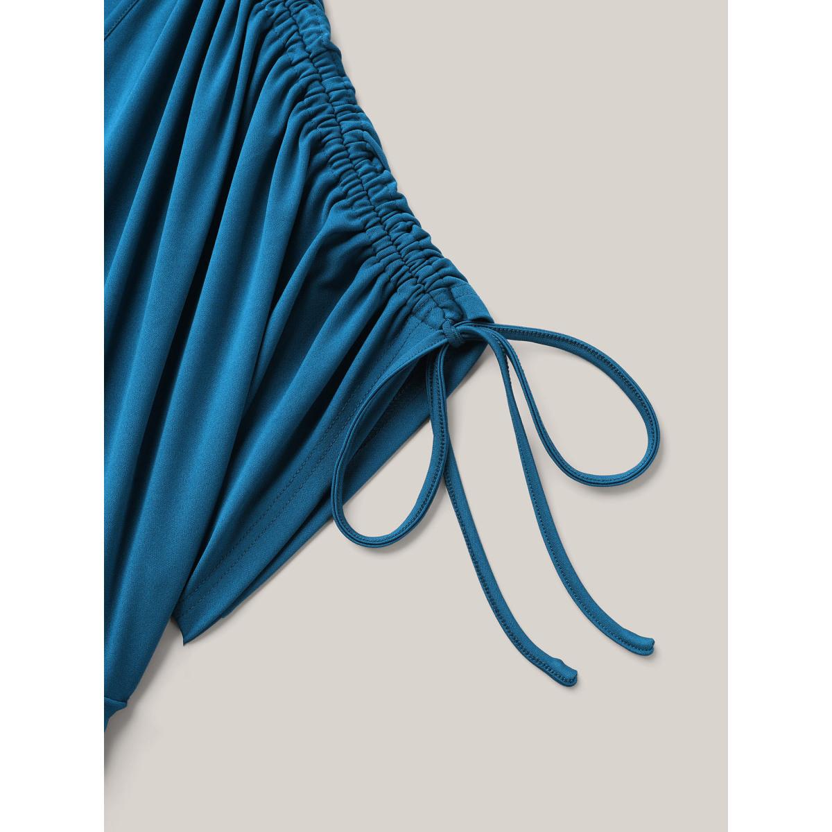 Plus Size Drawstring Shoulder Surplice Neck Stretchy Midi Dress Cyan Women Casual Drawstring Knit Dresses Bloomchic 10/M Product Image