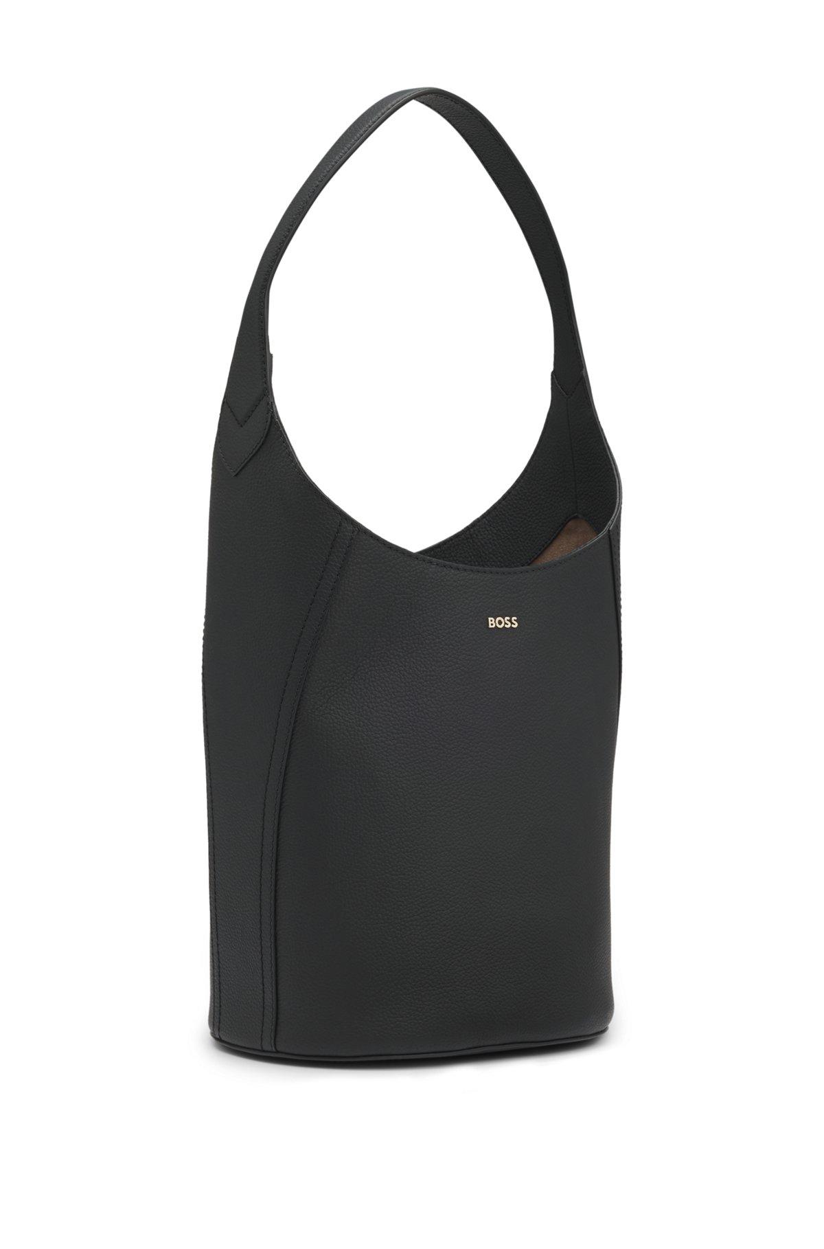 Leather bucket bag with metallic logo lettering Product Image