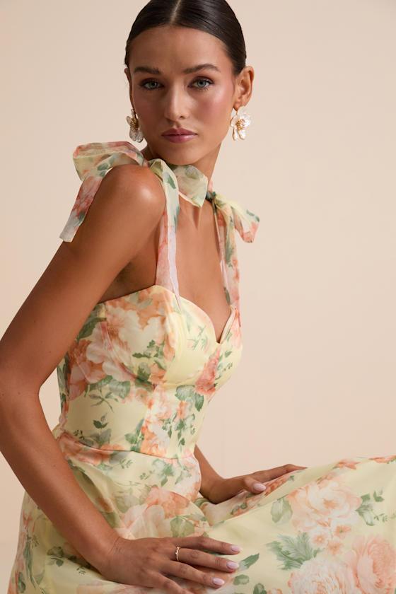 Olesya Light Yellow Floral Tie-Strap Midi Dress Product Image