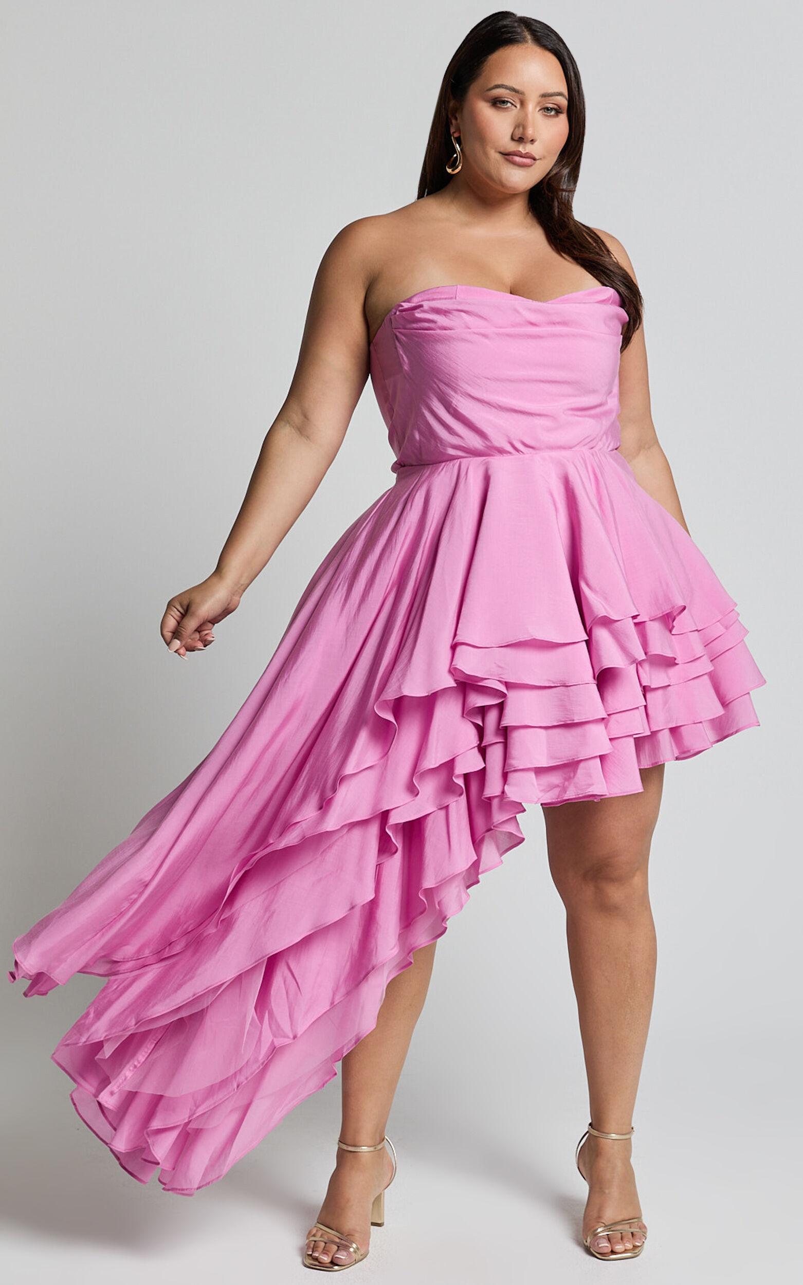 Amalie The Label - Everly Strapless Asymmetrical Tiered Mini Dress in Pink Product Image