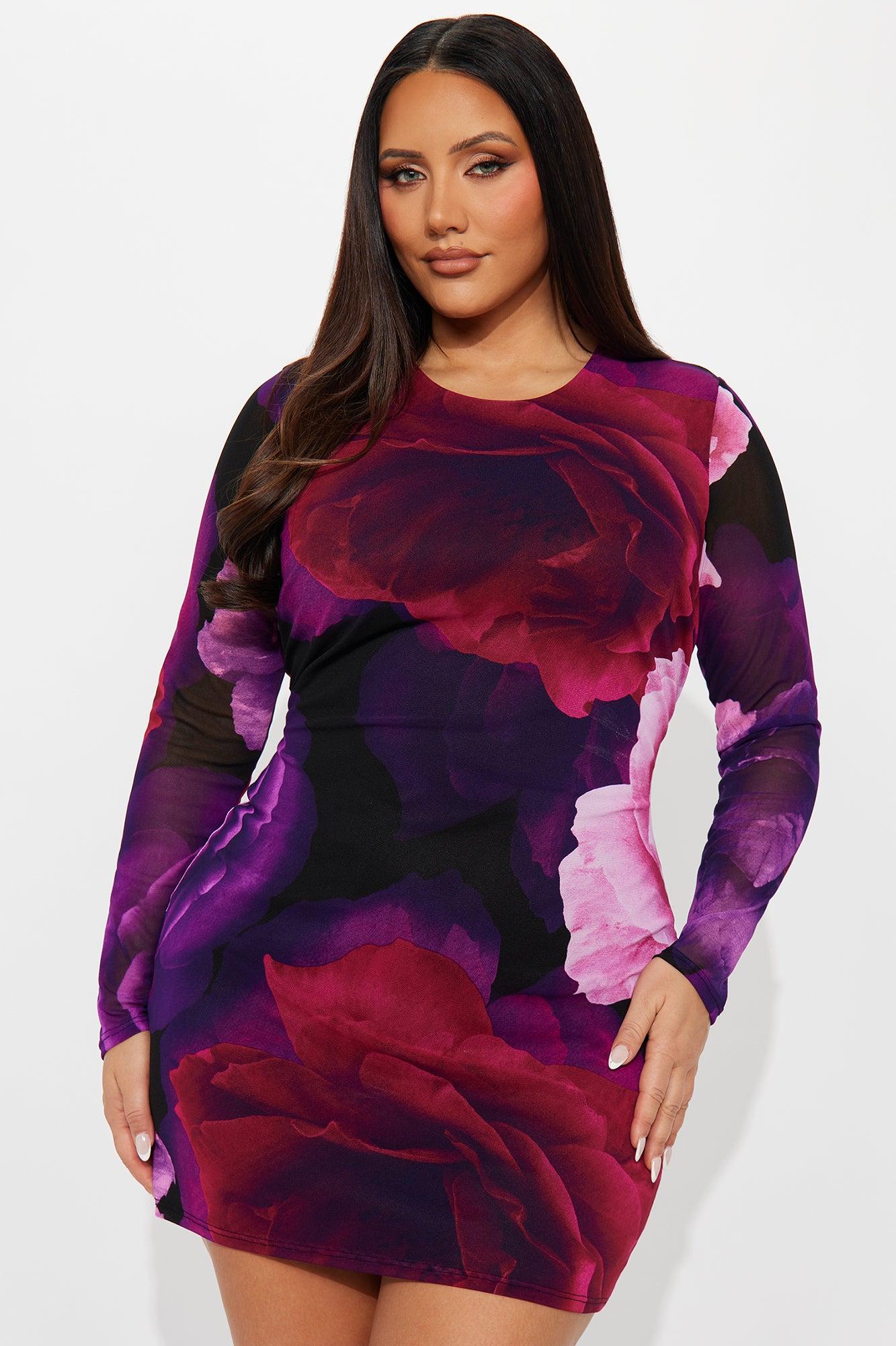 Clara Long Sleeve Floral Mesh Mini Dress - Purple/combo Female Product Image