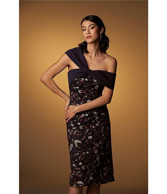 JS Collections Floral Pattern Embroidered Mesh One Shoulder Short Sleeve Asymmetrical Twit Sheath Midi Dress Product Image
