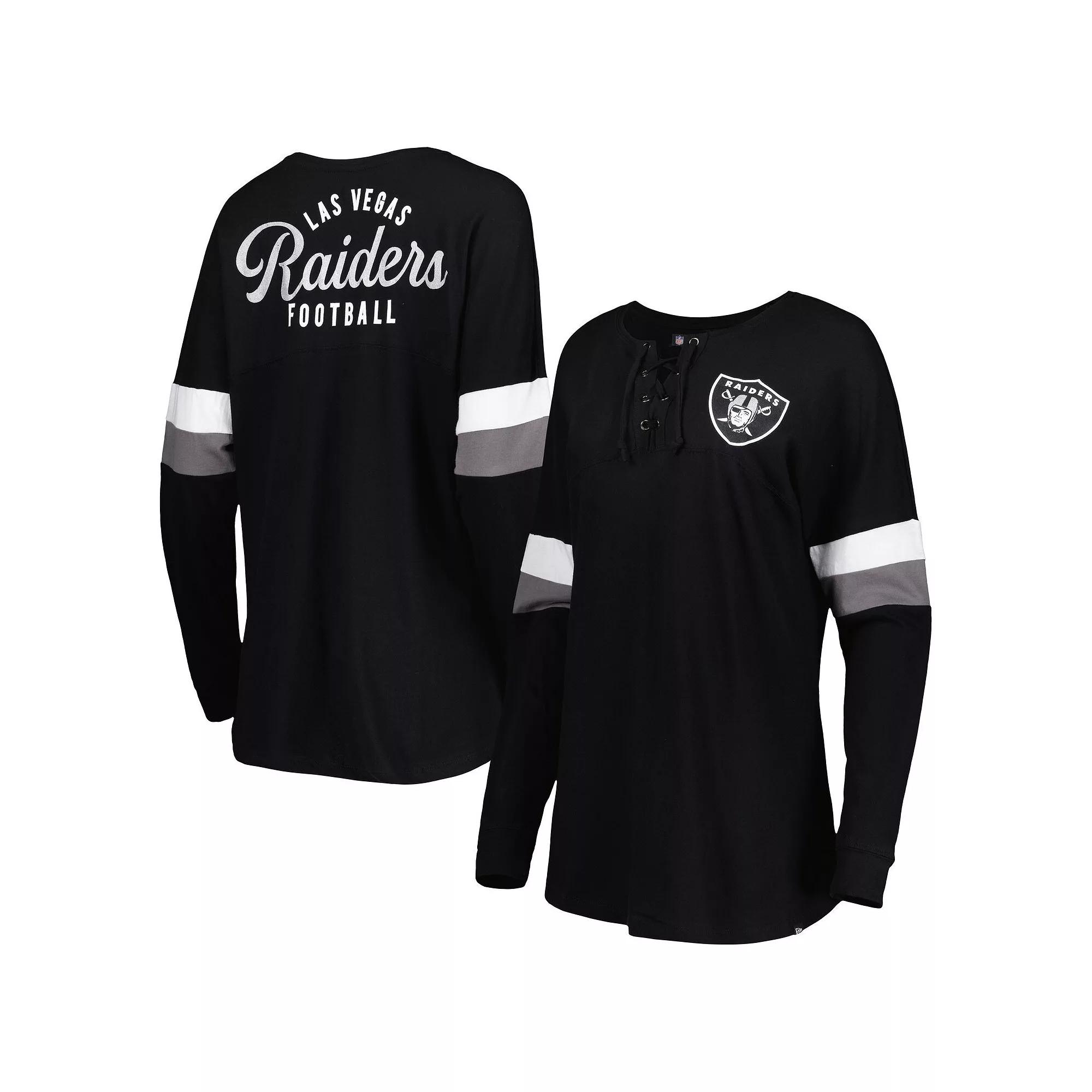 Women's New Era Black Las Vegas Raiders Athletic Varsity Lightweight Lace-Up Long Sleeve T-Shirt,  Product Image
